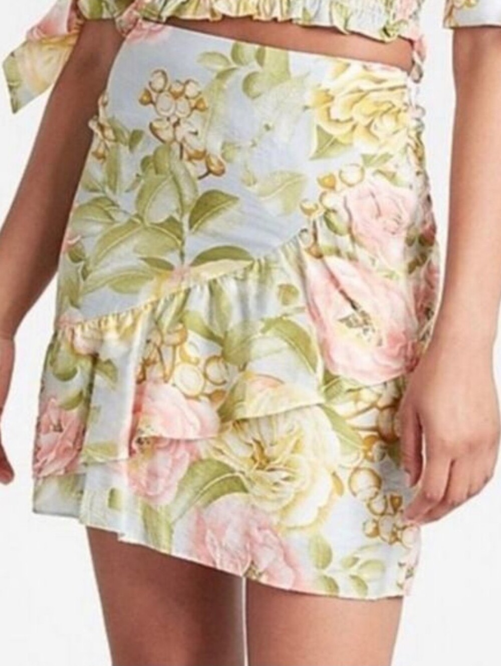 Express Floral Ruffle Mini Skirt - Pink, Green & Cream. Size 2